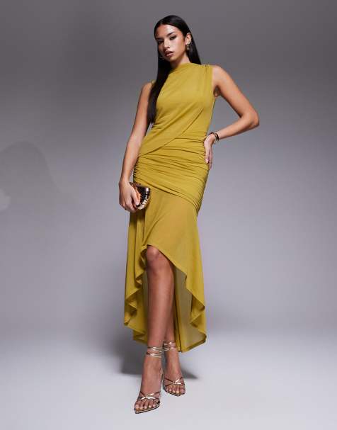 ASOS DESIGN - Maxi jurk met gerimpelde voorkant, ongelijke zoom en ruches in groen - view 1