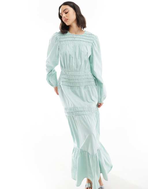 ASOS DESIGN - Maxi jurk met gesmokt detail in saliegroen