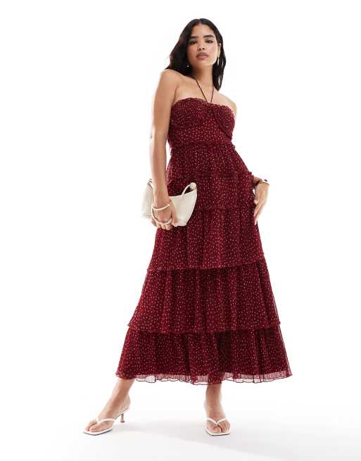 ASOS DESIGN - Maxi jurk met gesmokte buste, stroken en microplooien in bordeauxrode stippen