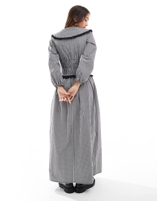 ASOS DESIGN - Maxi jurk met gesmokte taille, kraag en gingham ruit in zwart-wit, 4 van 4