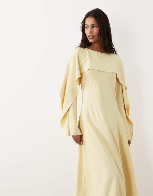ASOS DESIGN - Maxi-jurk met godet-plooien en cape in lichtgeel, 3 van 4