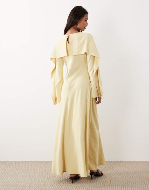ASOS DESIGN - Maxi-jurk met godet-plooien en cape in lichtgeel, 4 van 4