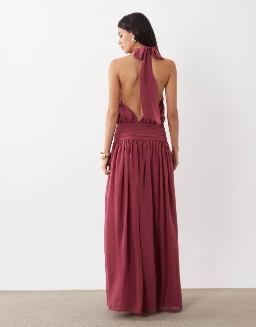 ASOS DESIGN maxi jurk met halter en chiffon sjaaldetail in framboos, 3 van 4