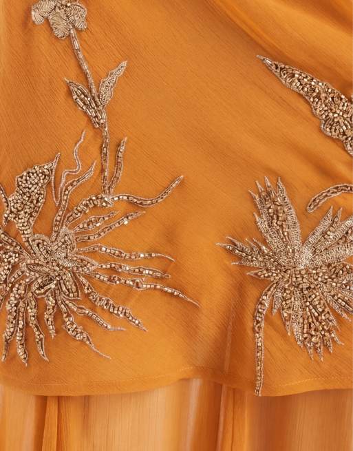 ASOS DESIGN - Maxi jurk met halternek en bloemenversiering in oranje, 8 van 8