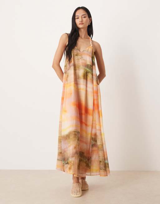 ASOS DESIGN - Maxi jurk met halternek en kraaldetails in vervaagde sunset-print, 2 van 4