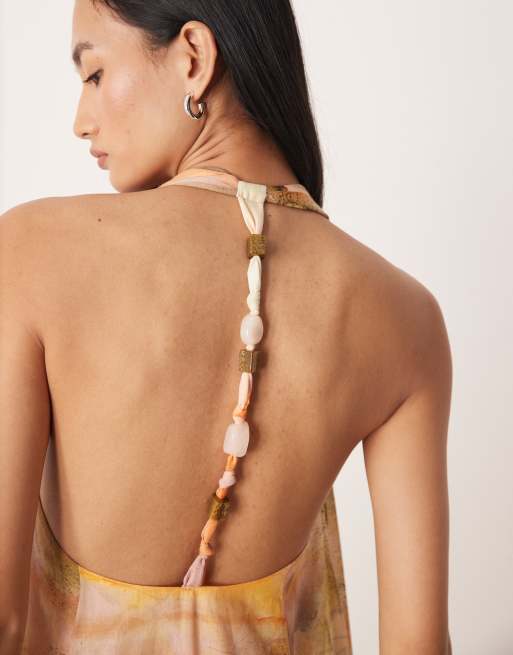 ASOS DESIGN - Maxi jurk met halternek en kraaldetails in vervaagde sunset-print, 3 van 4