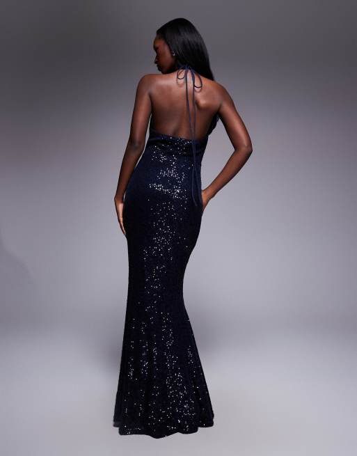ASOS DESIGN - Maxi jurk met halternek en lovertjes in marineblauw, 3 van 4