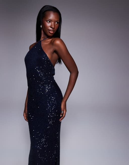 ASOS DESIGN - Maxi jurk met halternek en lovertjes in marineblauw, 4 van 4