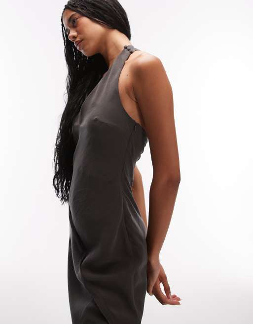 ASOS DESIGN - Maxi jurk met halternek en siernaden in antracietgrijs, 2 van 4