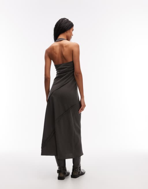 ASOS DESIGN - Maxi jurk met halternek en siernaden in antracietgrijs, 3 van 4