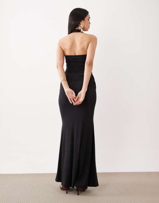 ASOS DESIGN - Maxi jurk met halternek, gedrapeerde halslijn en devoré lijfje in zwart, 4 van 4