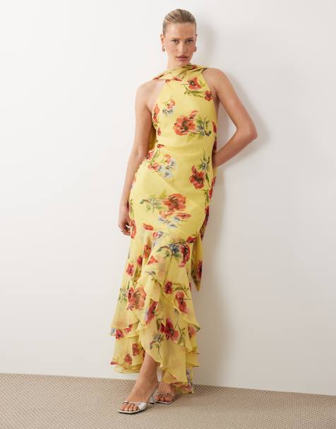 ASOS DESIGN - Maxi jurk met halternek, sjaaldetail en ruches aan de zoom in geel met roze bloemenprint - view 1
