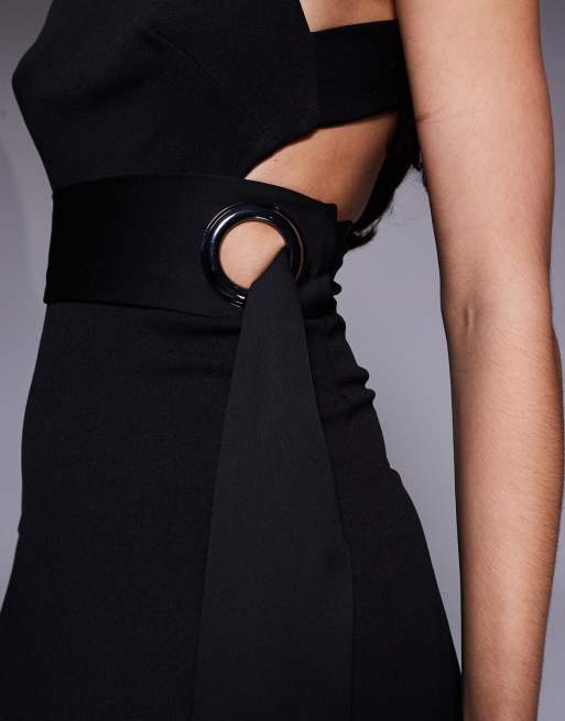 ASOS DESIGN - Maxi-jurk met halternek, split en geknoopte riem in zwart, 2 van 4