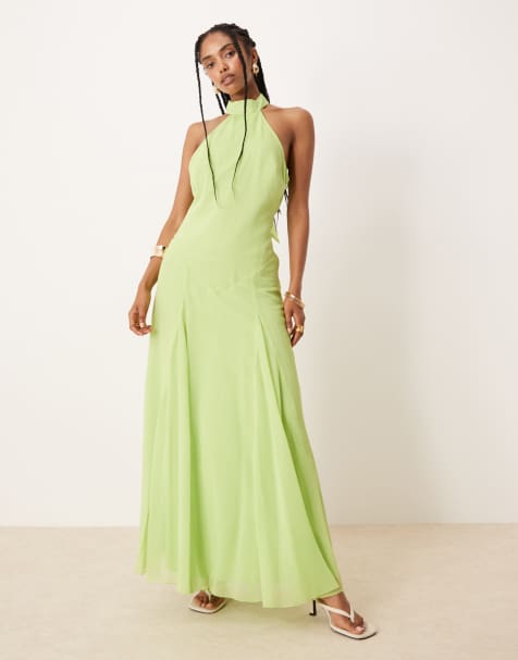 ASOS DESIGN - Maxi jurk met halternek van chiffon met lage taille in heldergroen - view 1