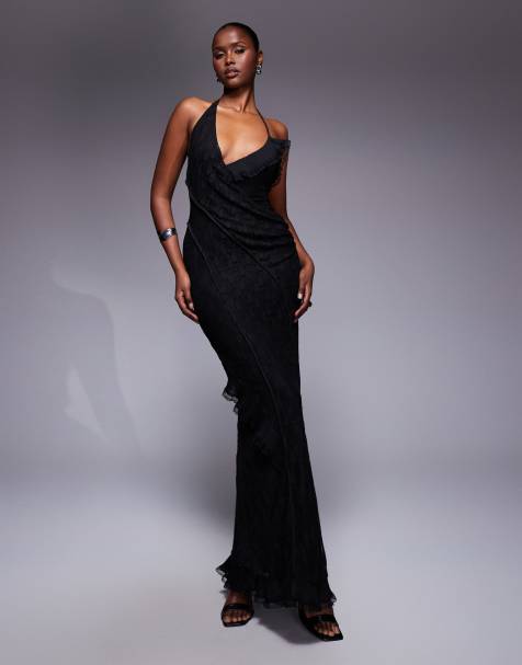 ASOS DESIGN - Maxi jurk met kanten details, asymmetrische ruches en naden in zwart - view 1