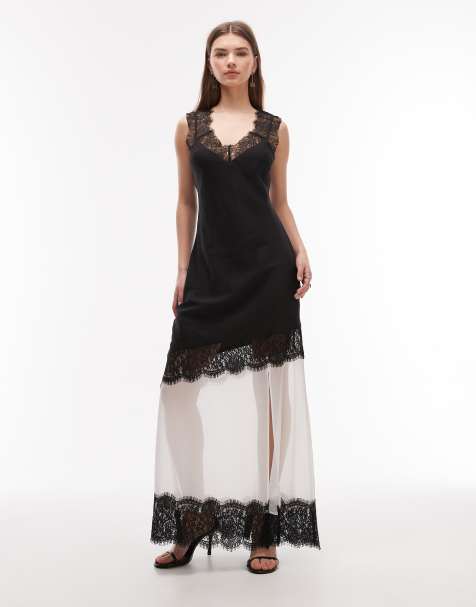 ASOS DESIGN - Maxi jurk met kanten mouwen en asymmetrische naden in zwart en wit - view 1
