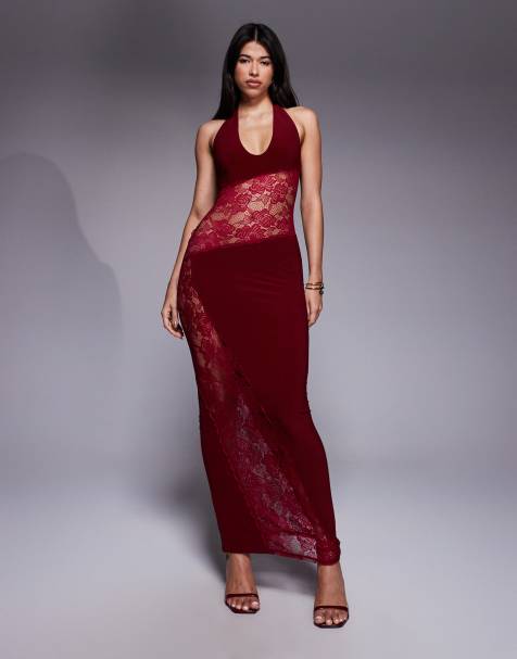 ASOS DESIGN - Maxi-jurk met kantinzet en lage ronde voorkant in donker kersenrood - view 1