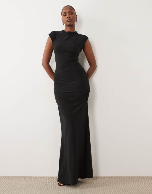 ASOS DESIGN - Maxi jurk met kapmouwtjes, veters en rimpeleffect in zwart, 2 van 4