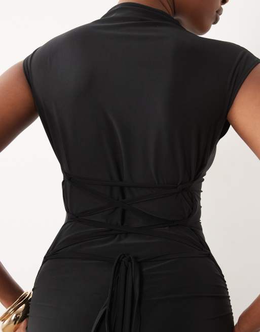 ASOS DESIGN - Maxi jurk met kapmouwtjes, veters en rimpeleffect in zwart, 3 van 4