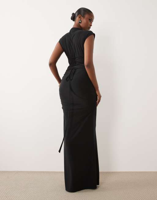 ASOS DESIGN - Maxi jurk met kapmouwtjes, veters en rimpeleffect in zwart, 4 van 4