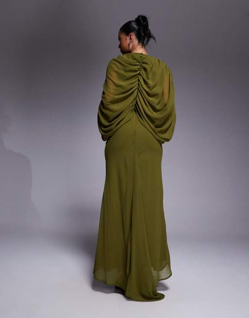 ASOS DESIGN - Maxi jurk met kimonomouwen en gedrapeerd keyhole uitsnijding in groen , 2 van 4