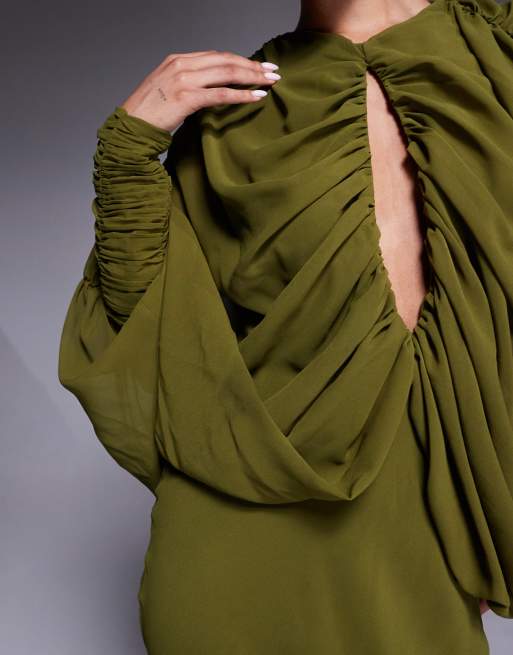 ASOS DESIGN - Maxi jurk met kimonomouwen en gedrapeerd keyhole uitsnijding in groen , 3 van 4