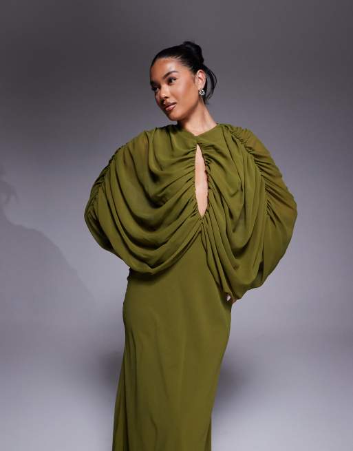 ASOS DESIGN - Maxi jurk met kimonomouwen en gedrapeerd keyhole uitsnijding in groen , 4 van 4