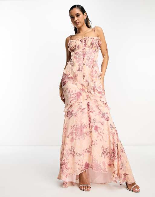 ASOS DESIGN - Maxi-jurk met knoopsluiting, ruche, schuine zoom, versieringen en gemengde bloemenprint