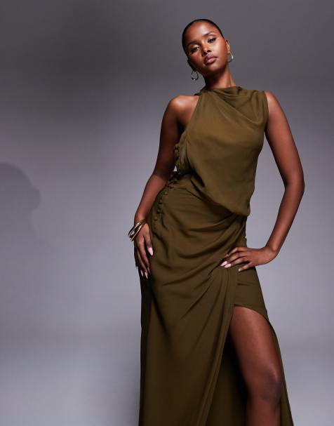 ASOS DESIGN - Maxi-jurk met knopen en gedrapeerde voorkant in kaki - view 1