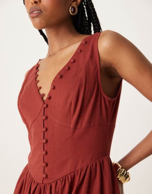 ASOS DESIGN - Maxi jurk met knopen, V-hals en verlaagde taille in bordeauxrood, 3 van 4
