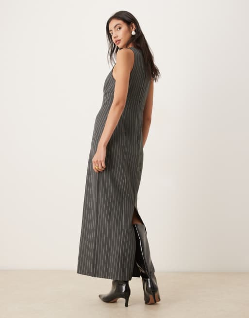 ASOS DESIGN - Maxi-jurk met kokerrok in grijs met krijtstreep, 3 van 4
