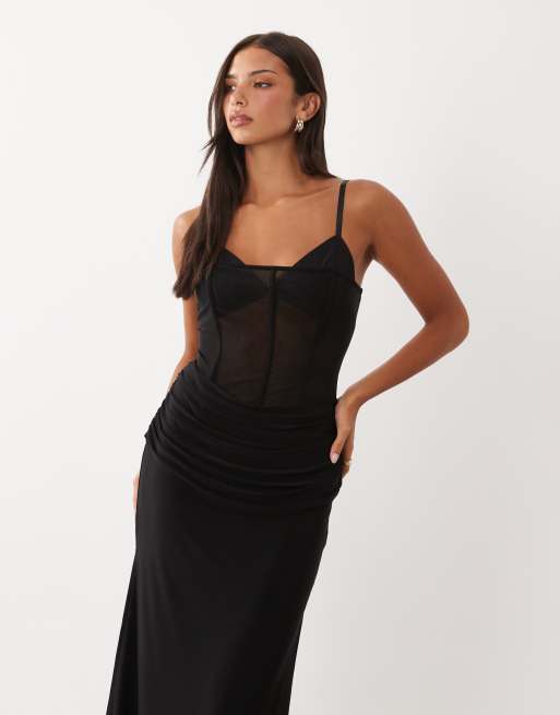 ASOS DESIGN maxi jurk met korset taille en drapering in zwart, 3 van 4