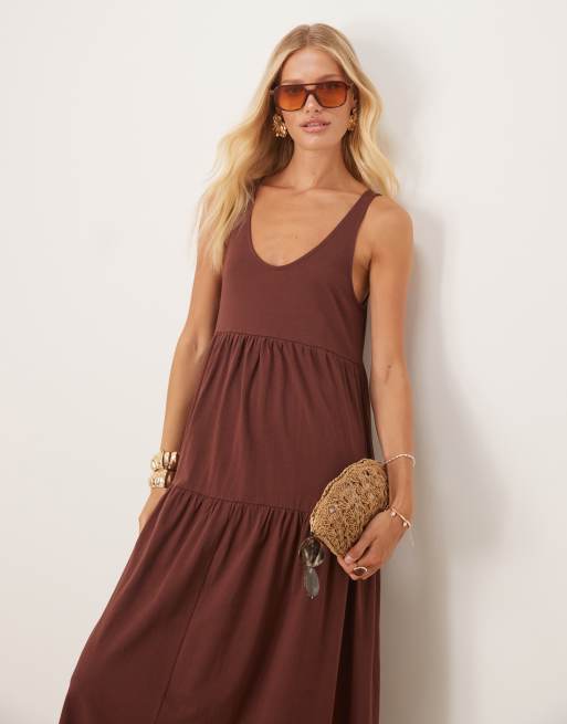 ASOS DESIGN - Maxi-jurk met lage ronde hals, A-lijn en stroken in chocoladebruin, 2 van 4