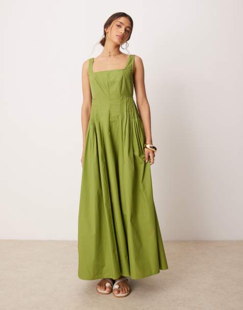 ASOS DESIGN - Maxi jurk met lage ronde hals en geplooide taille in olijfgroen - view 1