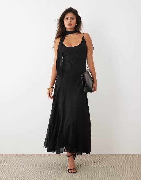 ASOS DESIGN - Maxi jurk met lage ronde hals, godetzoom en sjaal in zwart - view 1