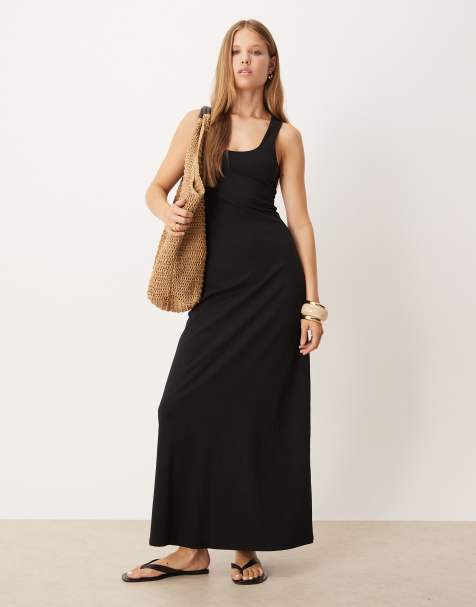 ASOS DESIGN - Maxi jurk met lage ronde racerhals in zwart - view 1