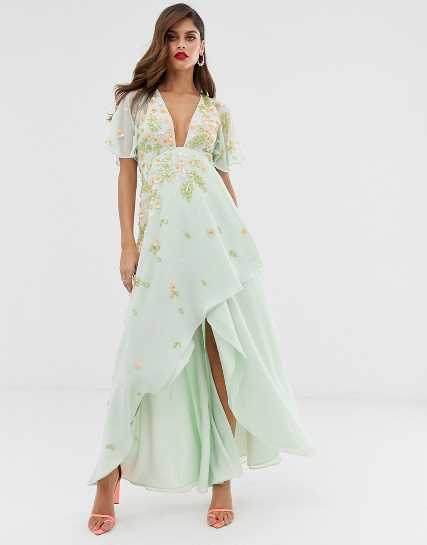 ASOS DESIGN - Maxi-jurk met lange achterkant, 3D versiering en volant mouwen-Groen