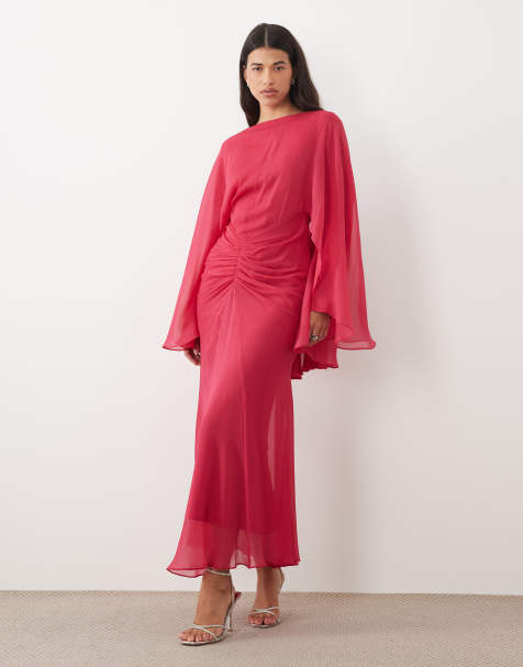 ASOS DESIGN maxi jurk met lange angelmouwen en gerimpelde taille in framboos - view 1