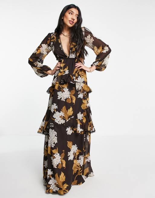 straal Monica Aanpassen ASOS DESIGN - Maxi jurk met lange mouwen, cirkelvormige afwerking en  versiering en hortensiaprint in chocolade | ASOS