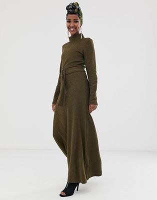 ASOS DESIGN - Maxi-jurk met lange mouwen, col en strikceintuur-Groen
