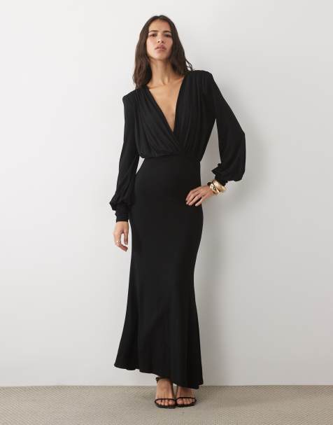 ASOS DESIGN maxi jurk met lange mouwen, diep decolleté, schoudervullingen en in zwart - view 1