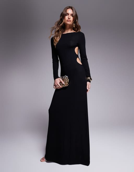 ASOS DESIGN - Maxi jurk met lange mouwen en cirkelvormige uitsnijdingen aan de zijkant in zwart