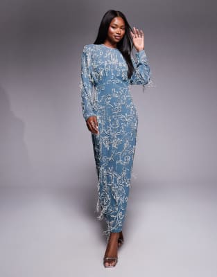 ASOS DESIGN - Maxi jurk met lange mouwen en franje in blauw - view 1