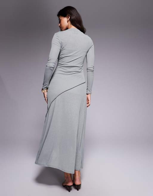 ASOS DESIGN - Maxi jurk met lange mouwen en gedrapeerd detail in grijs, 4 van 4