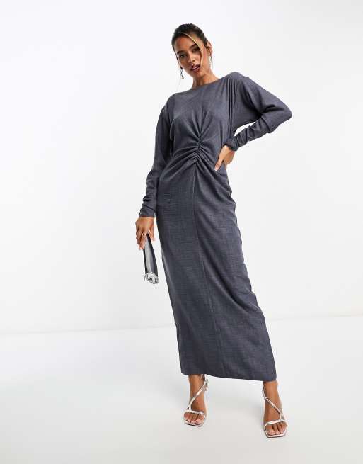 ASOS DESIGN - Maxi jurk met lange mouwen en gerimpeld detail in marineblauw met wassing
