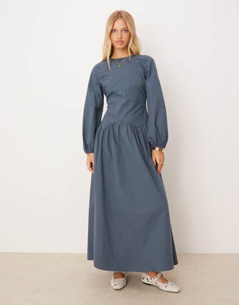 ASOS DESIGN - Maxi-jurk met lange mouwen en gestrikte achterkant in marineblauw - view 1