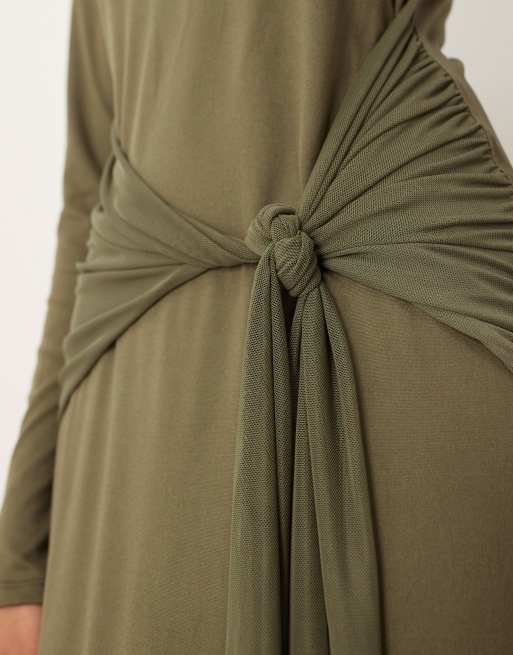 ASOS DESIGN - Maxi jurk met lange mouwen en gestrikte voorkant in kaki, 3 van 4