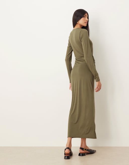 ASOS DESIGN - Maxi jurk met lange mouwen en gestrikte voorkant in kaki, 4 van 4