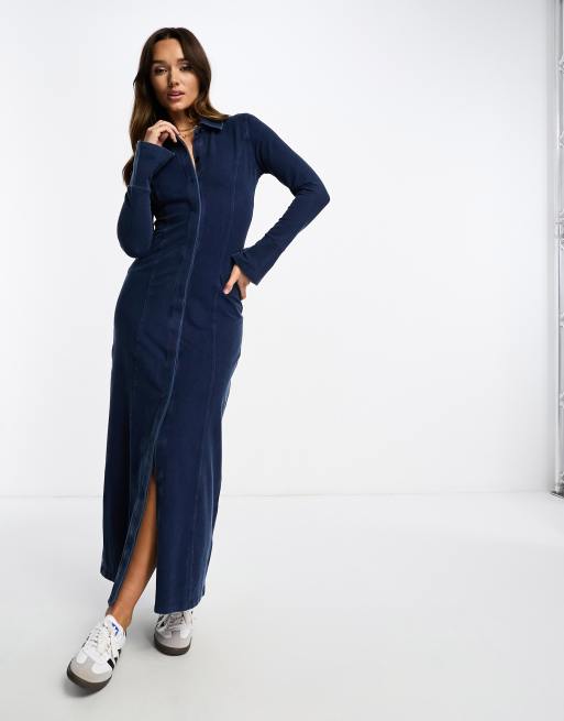 ASOS DESIGN Maxi jurk met lange mouwen en kraagje in jersey denim