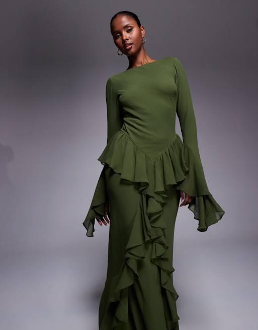 ASOS DESIGN - Maxi-jurk met lange mouwen en ruches in bosgroen, 2 van 4